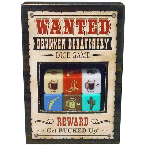 Dice game packaging with 'Wanted' theme and dice illustrations on a white background