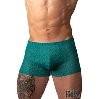 A close-up of a male model's lower torso wearing teal lace boxer briefs against a plain white background. The brand name 'male power' is visible as a watermark in the bottom right corner.