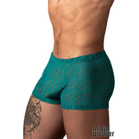 A close-up of a male model's lower torso wearing teal lace boxer briefs with a wavy pattern, against a plain white background. A 'male power' logo is visible in the bottom right corner.
