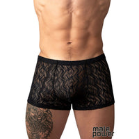 Black lace boxer briefs worn by a male model, shown from the waist down against a white background. The brand name 'male power' is visible in the bottom right corner.