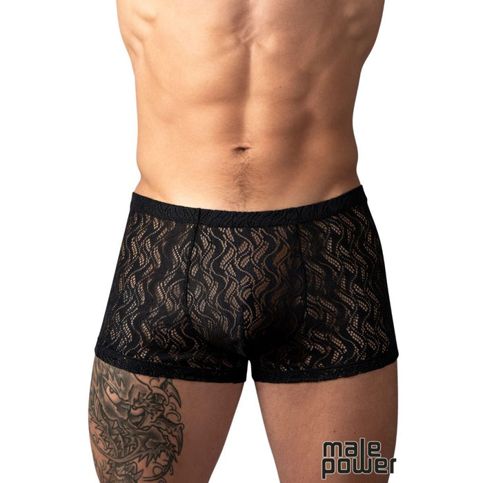Black lace boxer briefs worn by a male model, shown from the waist down against a white background. The brand name 'male power' is visible in the bottom right corner.