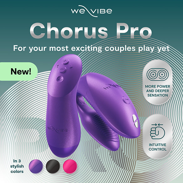 Purple 'Chorus Pro' product by WeVibe with branding and feature text on a green background