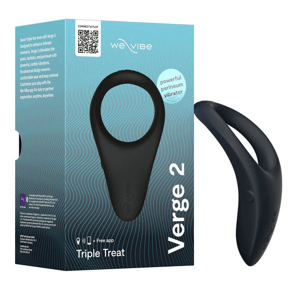 Black 'Verge 2' cock ring by We-Vibe with packaging on a white background