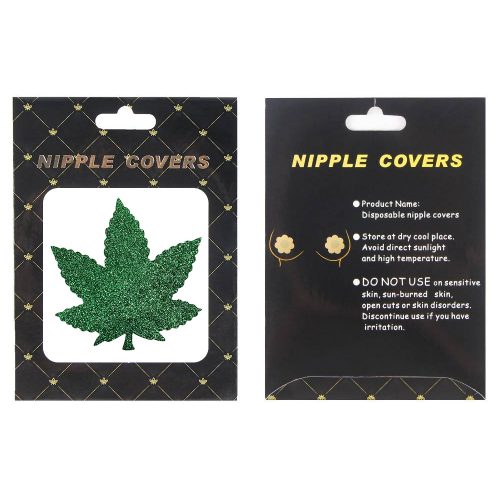 Nipple covers with green leaf design in packaging on a white background