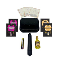 vibrator, battery, divine and love liquid body glide, metal tin, massage oil,  3 playing cards