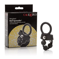 black silicone cock ring with attached weighted 43g ball speader next to cal exotics box