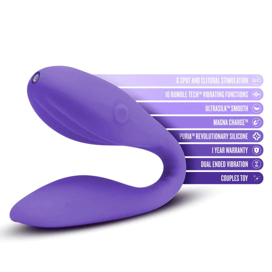 a purple internal external vibrator with vertical ridges on the clitoral end shown next to a list of its key features