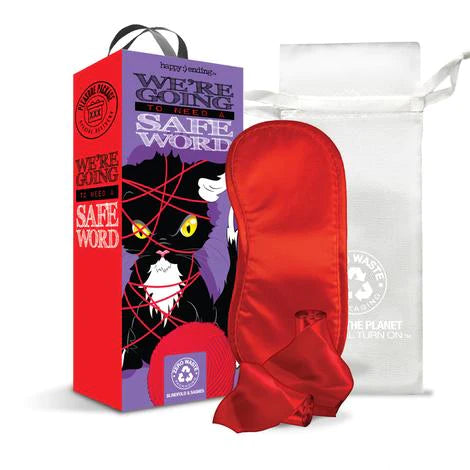two red satin tethers, a red blindfold, a white storage bag and a red & purple display box with a cartoon cat on the cover