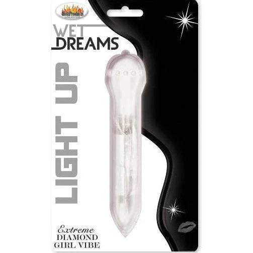 a transparent vibrator with a pointed tip and a jeweled cap shown in its plastic packaging