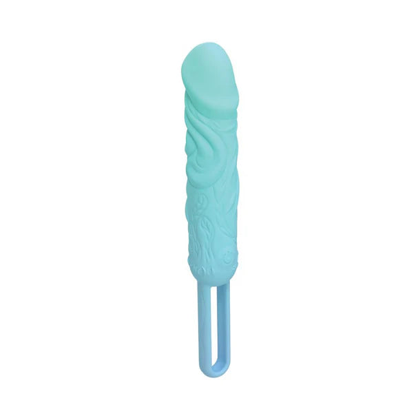 Turquoise penis shaped vibrator with a textured handle on a white background
