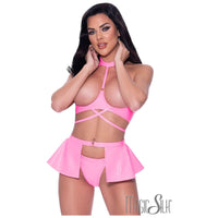 halter neck style top with open bust and strap thru center. panty with wrap skirt