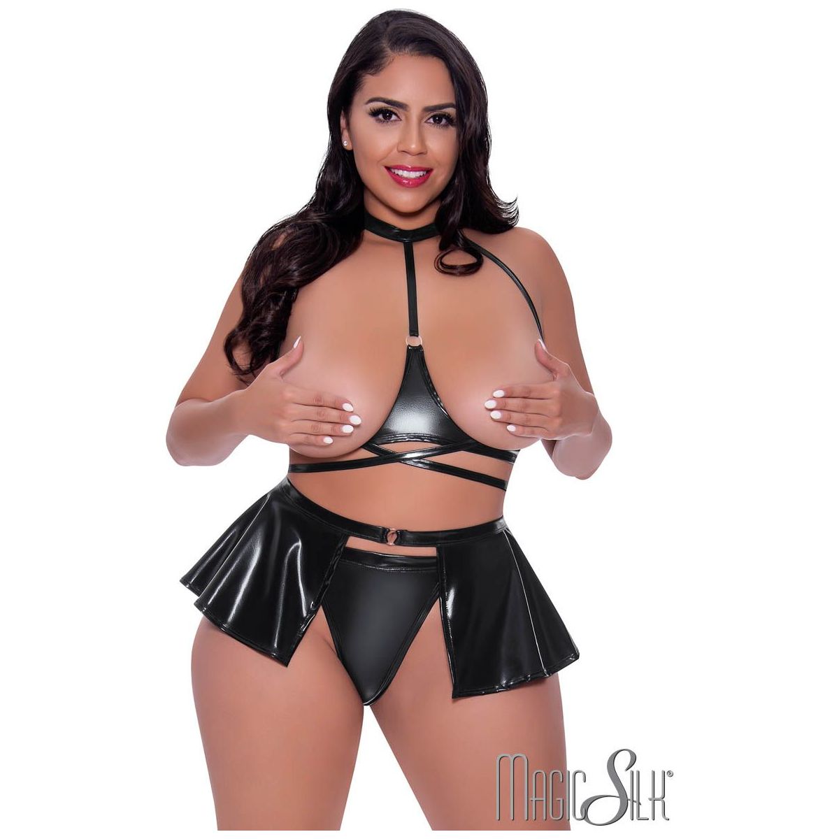 halter neck style top with open bust and strap thru center. panty with wrap skirt