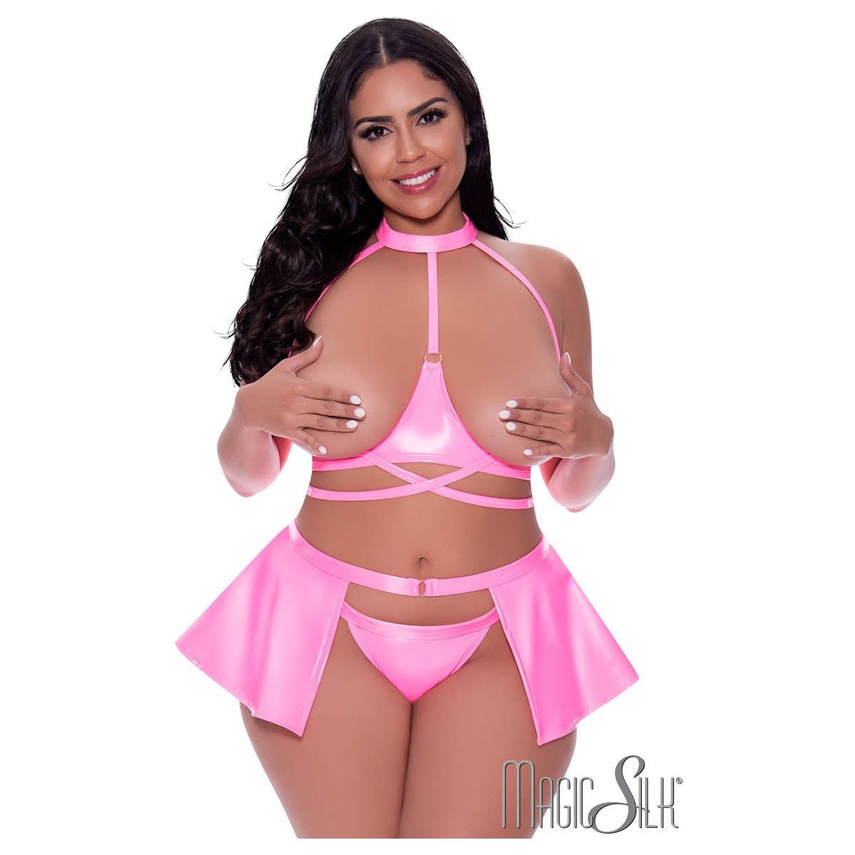 halter neck style top with open bust and strap thru center. panty with wrap skirt