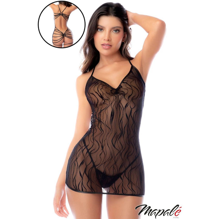 Woman wearing a black lace bodysuit with a close-up inset, branded 'Mapale'.