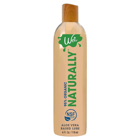 tan bottle of personal organic lubricant  with wood grain lid 4oz