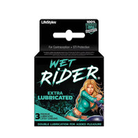 female on motor bike box of condoms extra lubricated