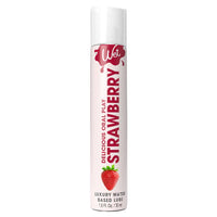 clear bottle with white wrapper and red writing strawberry flavored lubricant 1oz