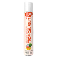 clear bottle with white wrapper and orange writing tropical fruit flavored lubricant 1oz