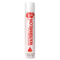 clear bottle with white wrapper and red writing watermelon flavored lubricant 1oz