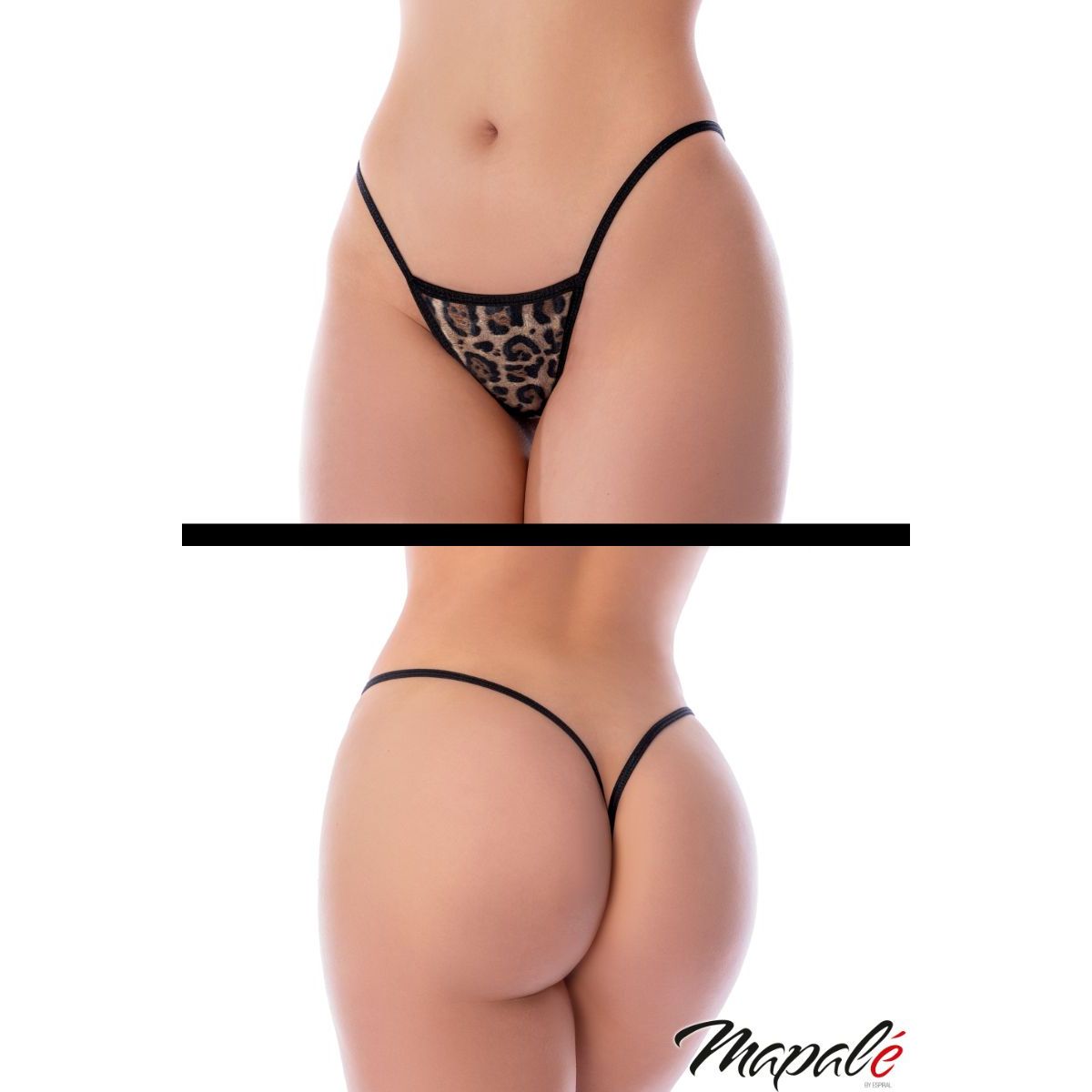 Black leopard print thong on a white background with 'Mapale' branding.
