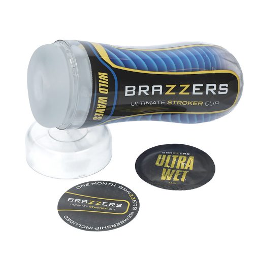 Brazzers Ultimate Stroker Cup with packaging and accessories on a white background