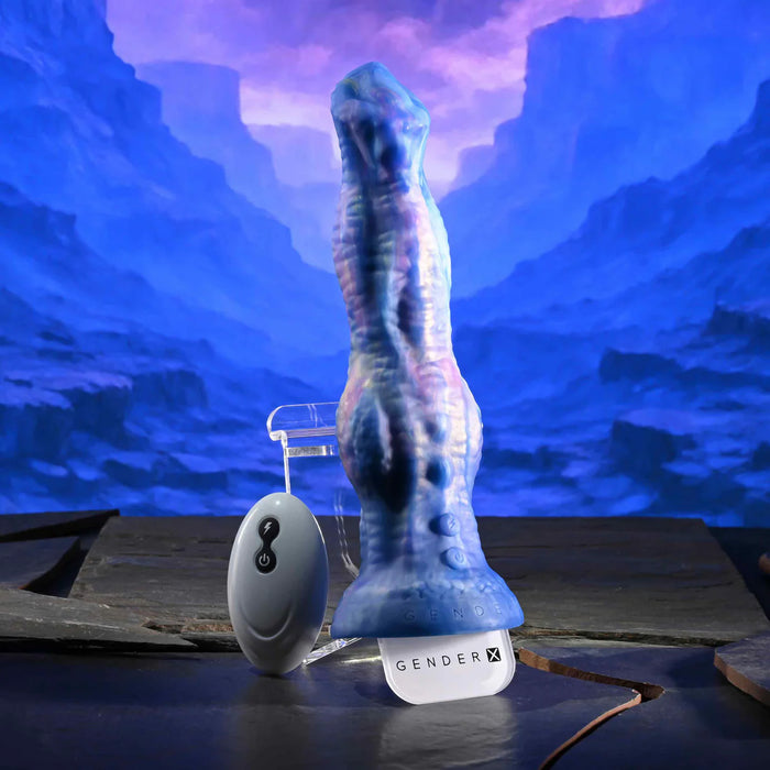blue and purple ridged vibrating dildo with remote in a water theme