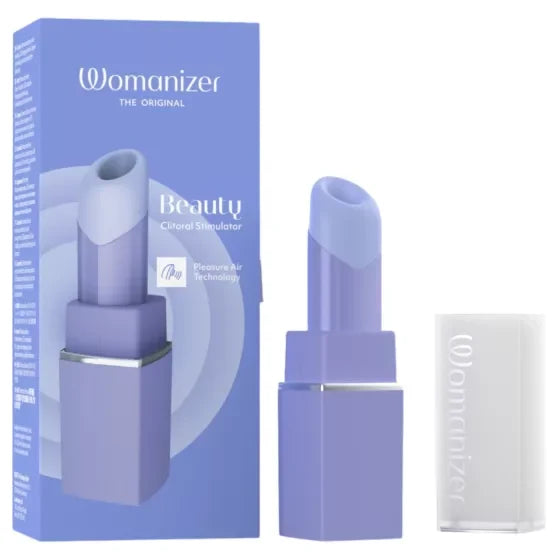 Womanizer Beauty Citoral Stimulator lipstick vibrator shown with its blue packaging box, the open lipstick bullet, and its translucent cap on a white background.