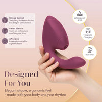 Purple womanizer duo vibrator held in a hand with features listed on a pink background