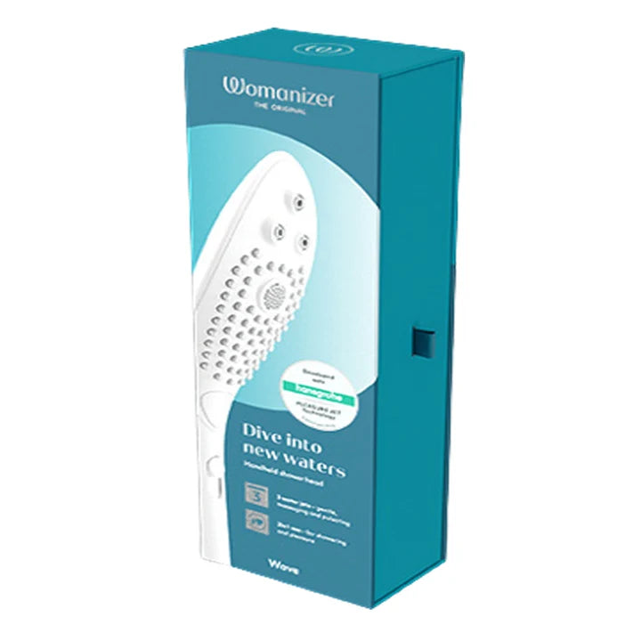 womanizer shower head in white on box packaging