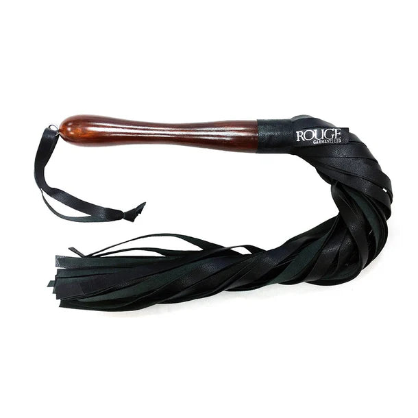 Black leather flogger with wooden handle on a white background, featuring the brand 'Rouge'.