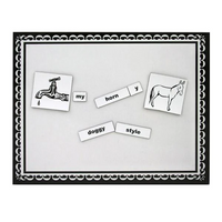 Educational game with cards and magnetic letters on a white board with decorative border