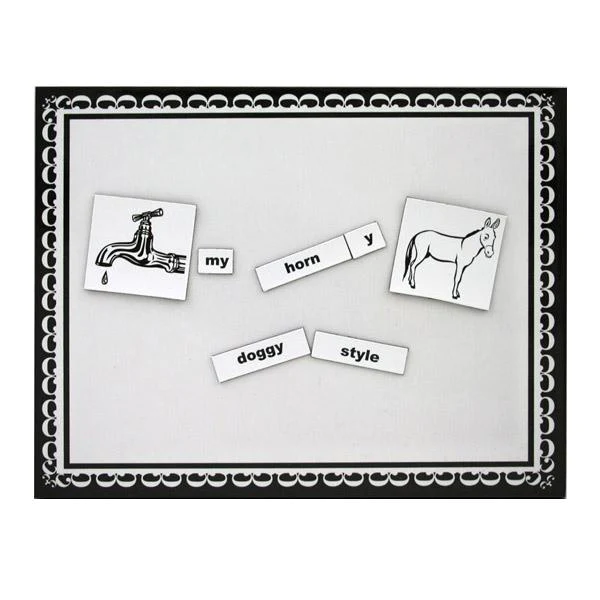 Educational game with cards and magnetic letters on a white board with decorative border