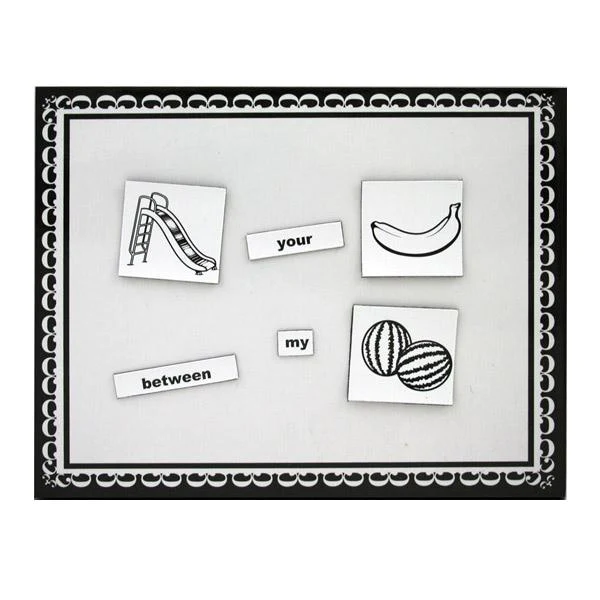 Educational magnetic board with black and white illustrations and words on a decorative border.