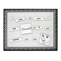Whiteboard with magnetic letters and images on a decorative border
