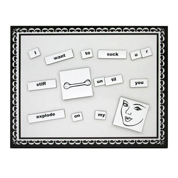 Whiteboard with magnetic letters and images on a decorative border