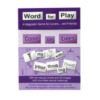 Purple packaging of 'Word for Play' magnetic game with text and magnetic letters.
