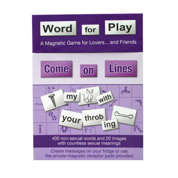 Purple packaging of 'Word for Play' magnetic game with text and magnetic letters.