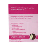 Product packaging for a romantic word game with text and branding details.