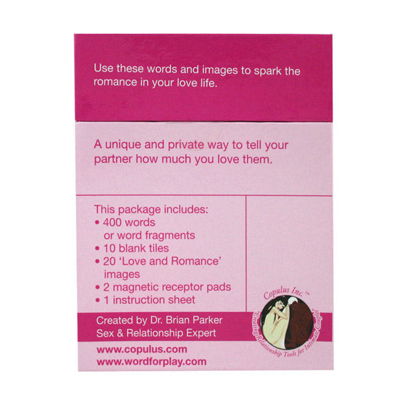 Product packaging for a romantic word game with text and branding details.