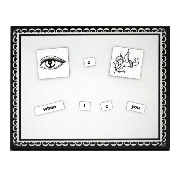 Educational game board with eye illustration, letter cards, and decorative border