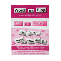 Product packaging for 'Word for Play' magnetic game on a pink background