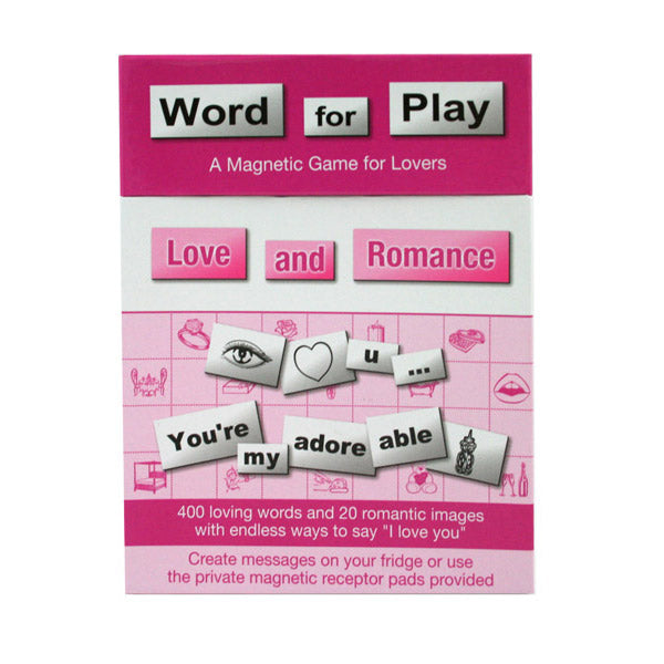 Product packaging for 'Word for Play' magnetic game on a pink background