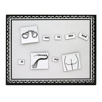 Black and white educational materials with cards and magnetic letters on a magnetic board.