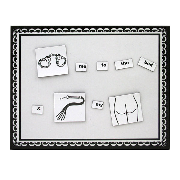 Black and white educational materials with cards and magnetic letters on a magnetic board.