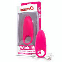 pink silicone vibrating rechargeable cock ring next to screaming o box