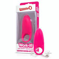 pink silicone vibrating rechargeable cock ring next to screaming o box