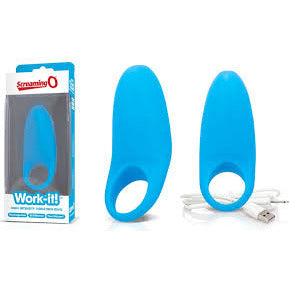 blue silicone vibrating rechargeable cock ring next to screaming o box
