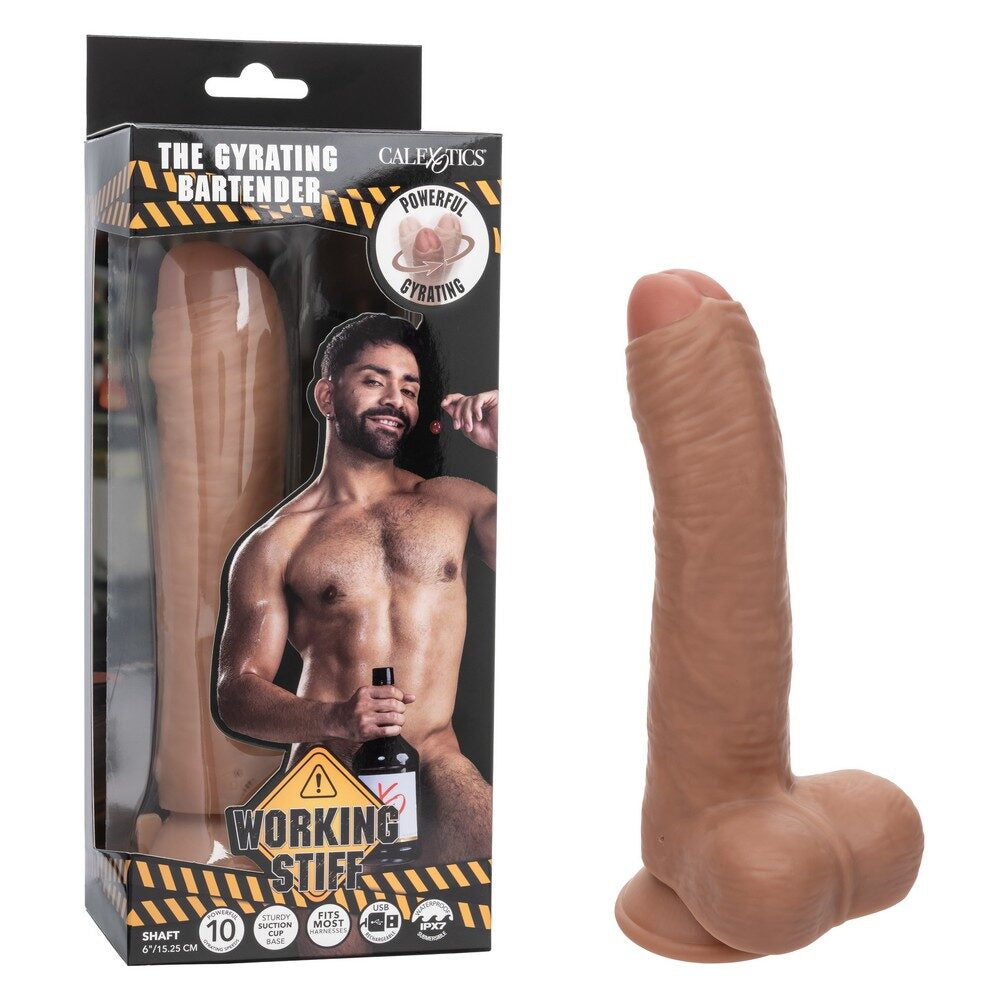 working stiff gyrating bartender vibrating dildo beside box packaging