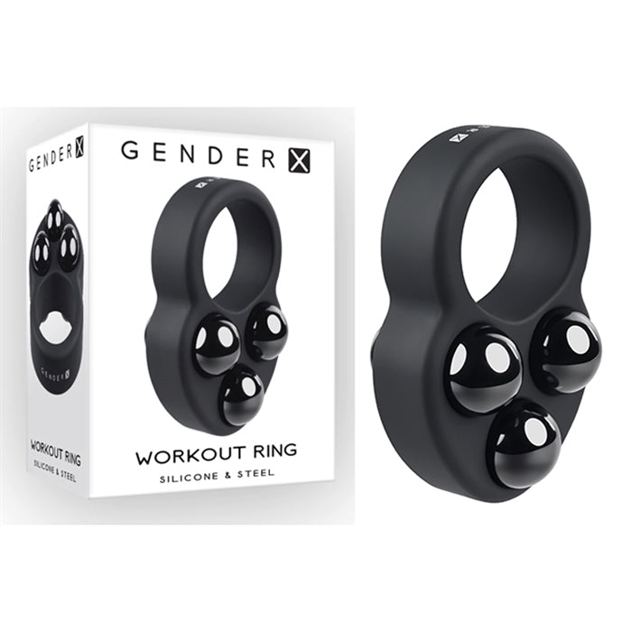 black silicone cockring with steel weights next to gender x box