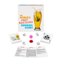 Board game set with cards, dice, and a box titled 'The World's Most Ridiculous Drinking Games' on a white background.